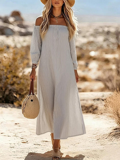 Chic YC Women's Striped Off-Shoulder Maxi Dress 3/4 Sleeve Summer Casual Linen Blend Dress
