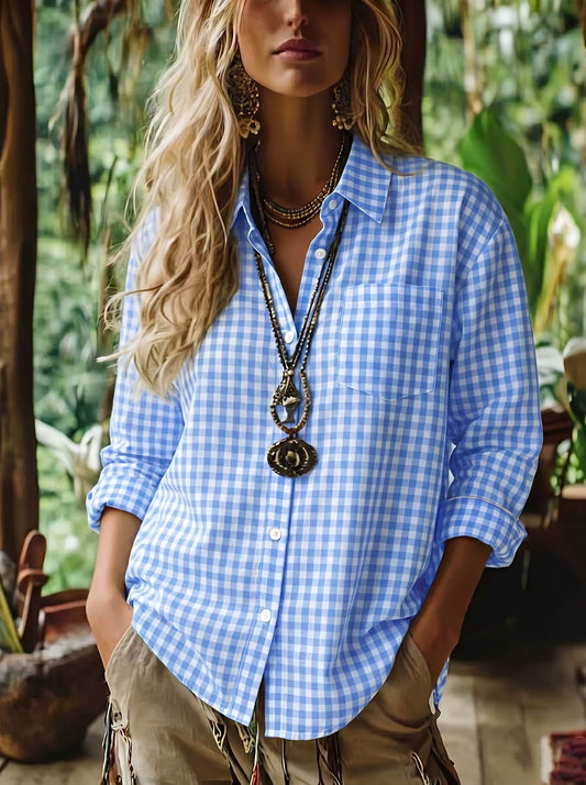Women's Gingham Button Down Shirt Long Sleeve Casual Loose Blouse for Spring Summer Small LightBlue