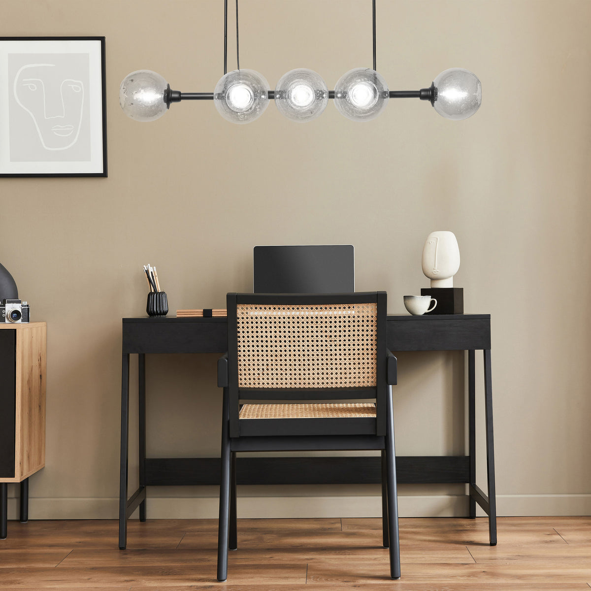 River of Goods 48" L 8-Light Mariko Black Metal and Smoked Glass Chandelier