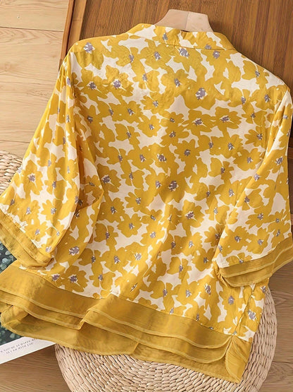 Chic YC Women's Floral Print Stand Collar Blouse Short Sleeve Button-Down Casual Summer Top