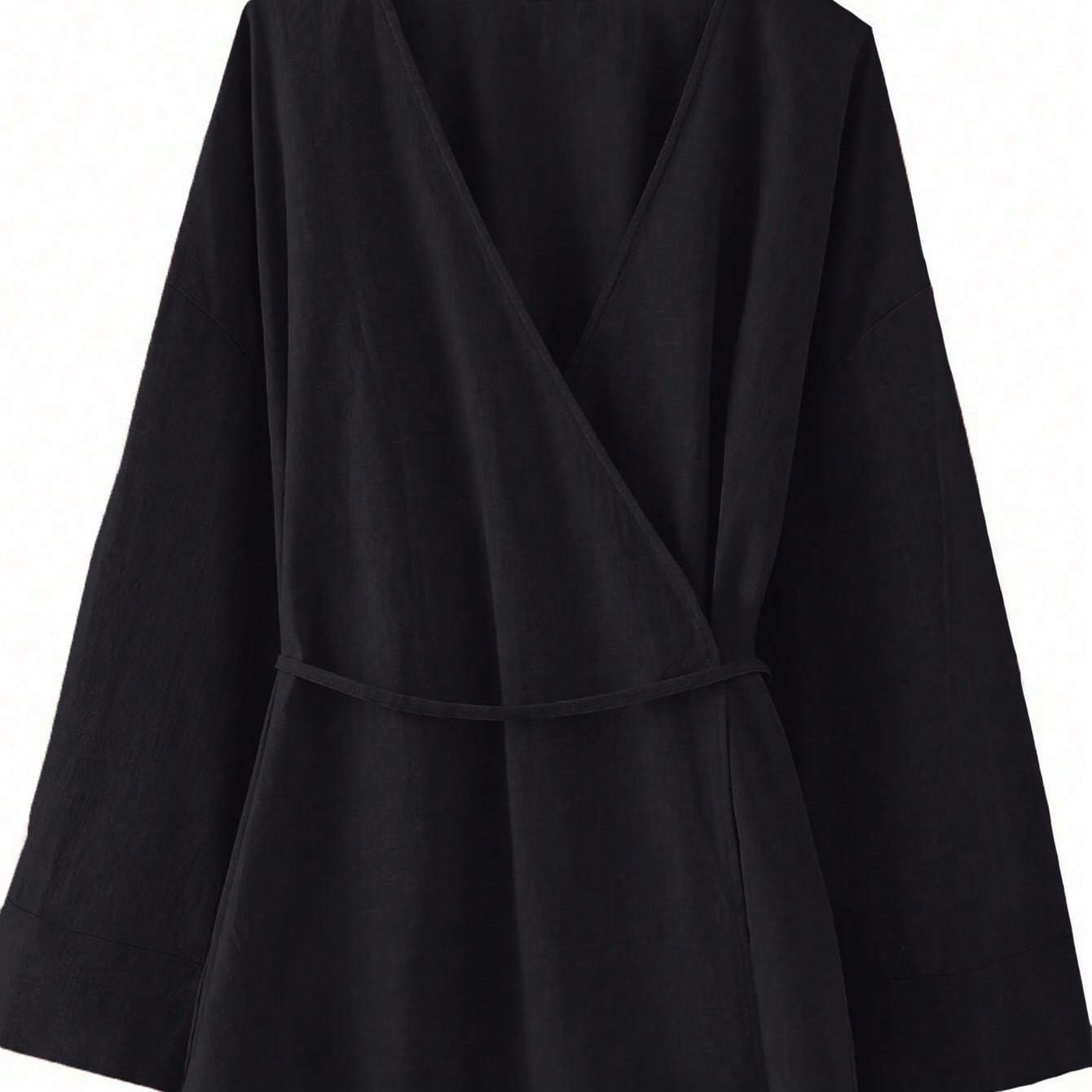 Chic YC Women's Wrap V Neck Tie Waist Kimono Blouse Long Sleeve Casual Cotton Top - Black