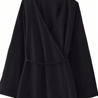 Chic YC Women's Wrap V Neck Tie Waist Kimono Blouse Long Sleeve Casual Cotton Top - Black