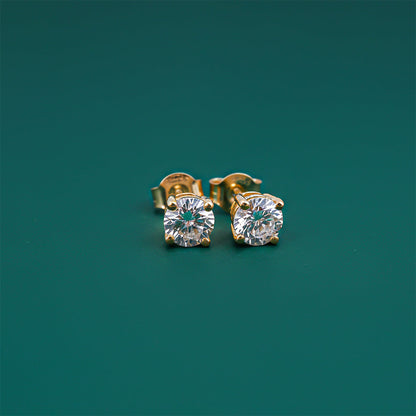 Sterling Silver 14K Yellow Gold Plated Diamond Solitaire Stud Earrings