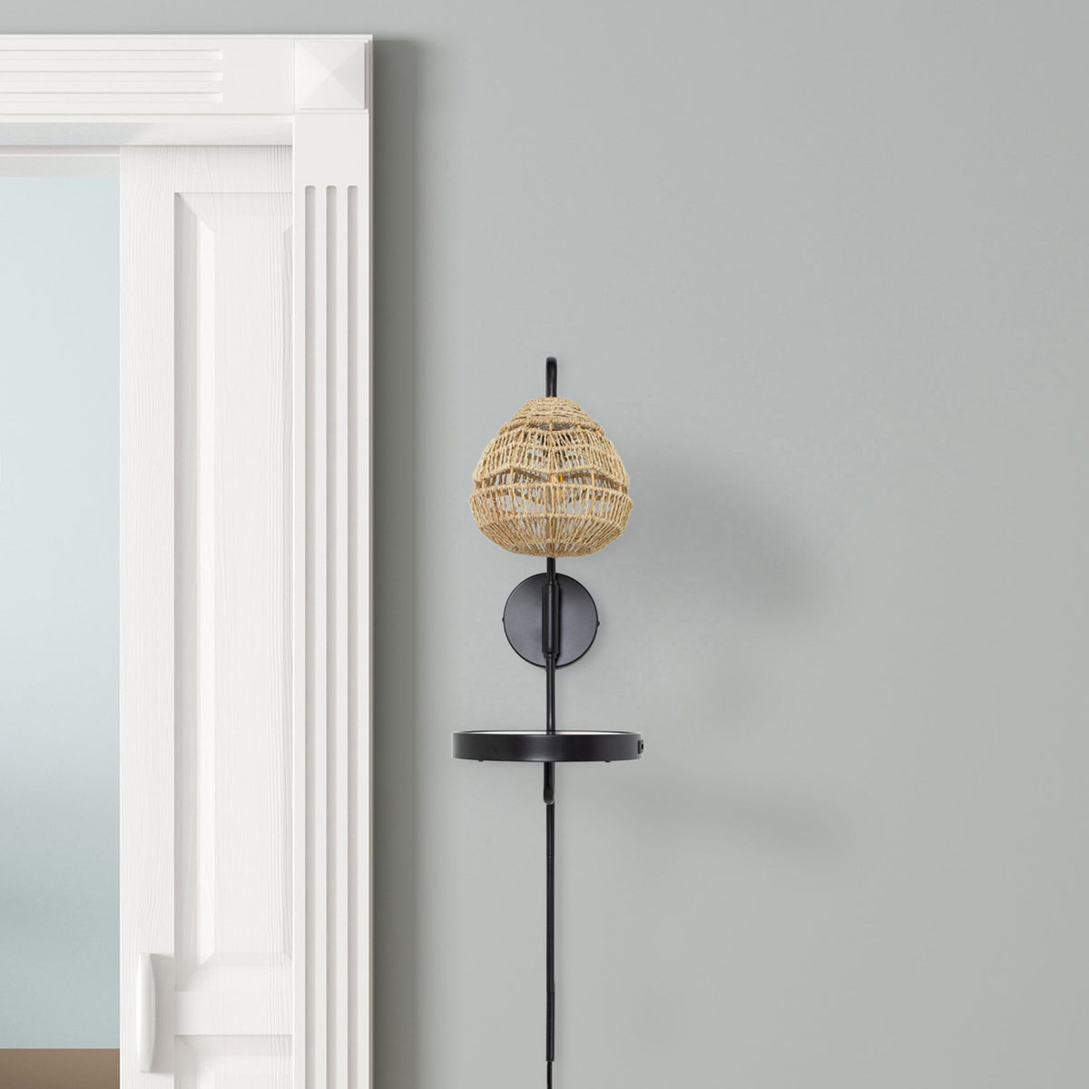 River of Goods Yara 32.75” High Black Satin Painted Iron Candlestick Wall Sconce with Round Tan Rattan Shade and 2 USB Charging Ports