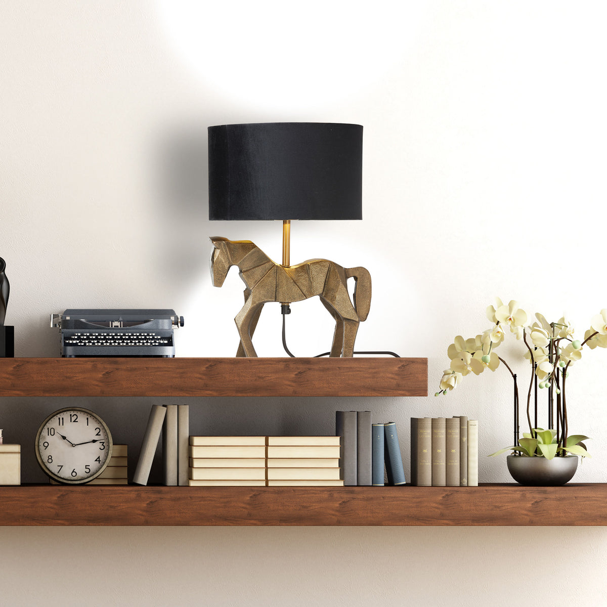 River of Goods 17.75 H Gold Origami Horse Base Table Lamp with Black Drum Shade