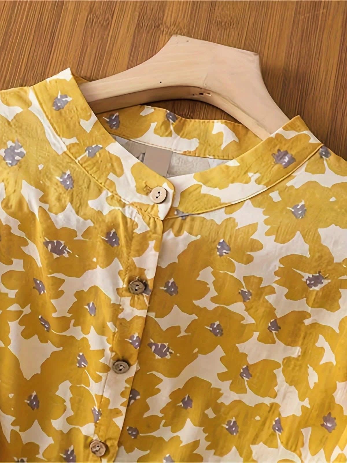 Chic YC Women's Floral Print Stand Collar Blouse Short Sleeve Button-Down Casual Summer Top