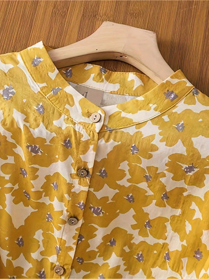 Chic YC Women's Floral Print Stand Collar Blouse Short Sleeve Button-Down Casual Summer Top
