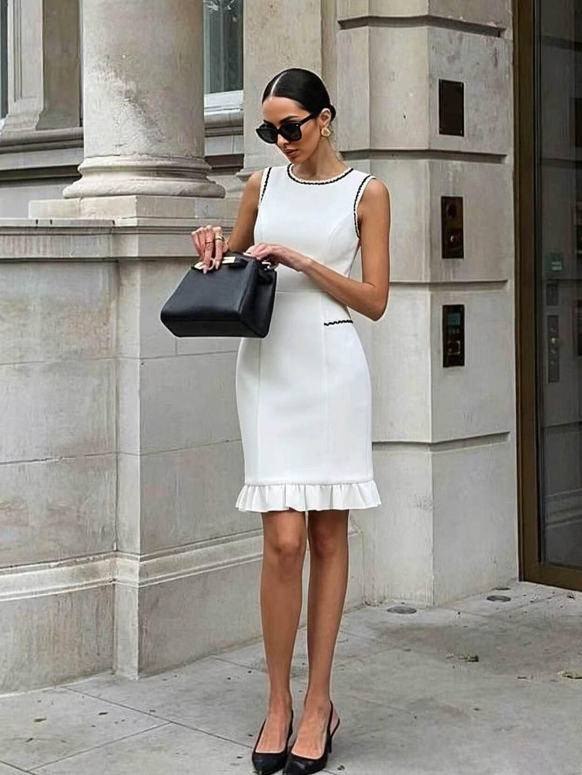 elegant sheath dresses Chic YC Women's Contrast Trim Sleeveless Dress Ruffle Hem Summer Work Dress White / M Color:Neon Green* or wrap silhouette short sleeve top Marilyn Monroe's 'Happy Birthday'
