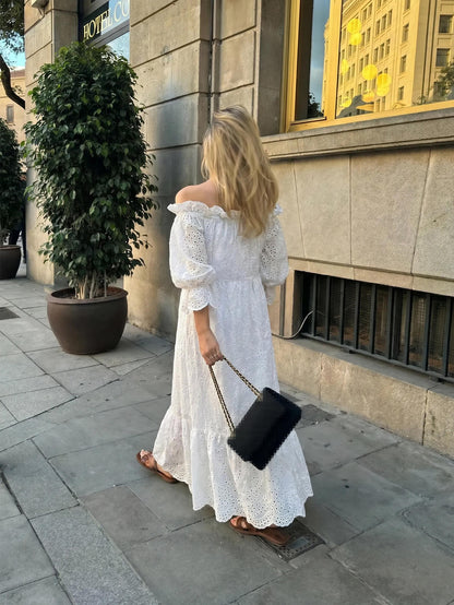 shoulder long boho dress Chic YC Women's Eyelet Embroidered Off-Shoulder Maxi 3/4 Sleeve Summer Dress White / M isabell Sleeve 22 inches long Dressup Ideas For Women Size:M (10-12)