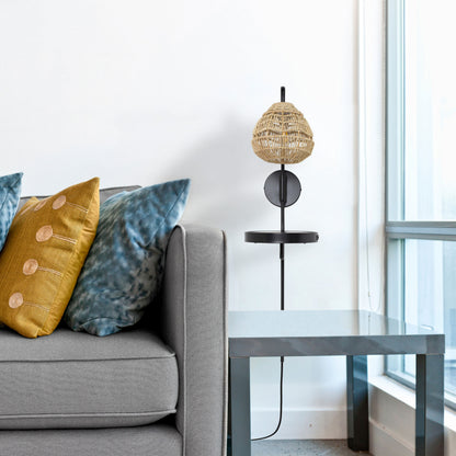 River of Goods Yara 32.75” High Black Satin Painted Iron Candlestick Wall Sconce with Round Tan Rattan Shade and 2 USB Charging Ports