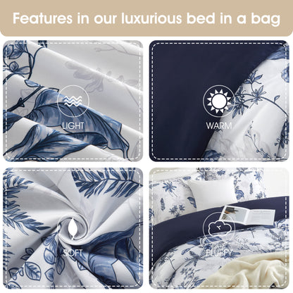 Nanshing White Blue Comforter Set, 2 Piece Elegant Floral Bedding,Twin Size Microfiber Print Bedding Set, Super Soft Comforter & 1 Pillow Sham, Home Decor