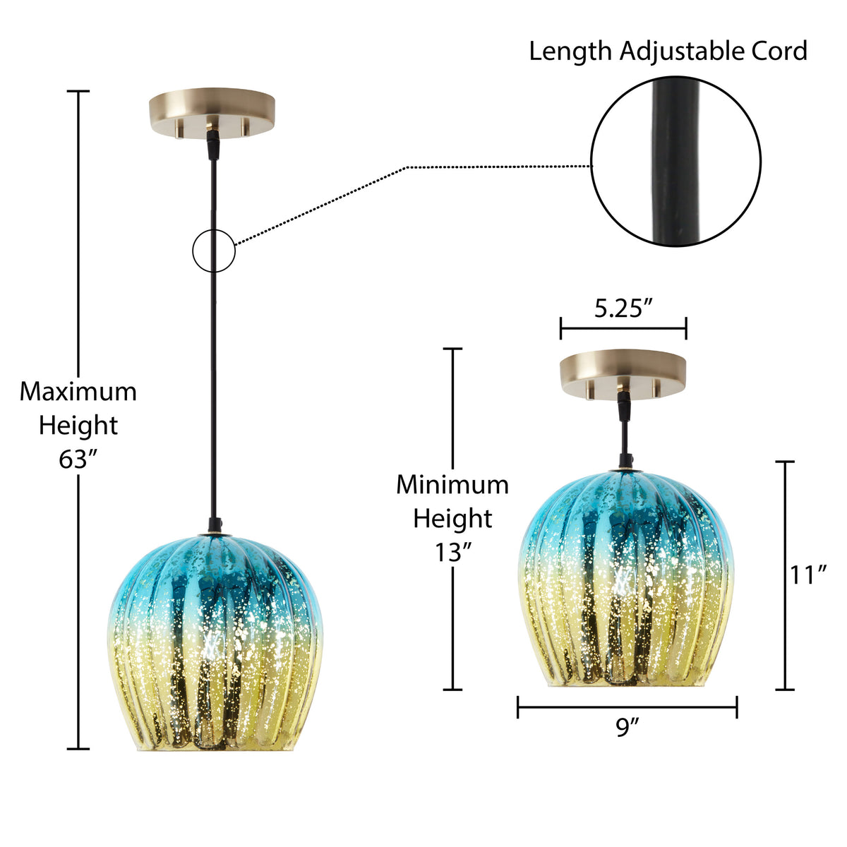 River of Goods 9" W Nalia Glam Gold and Teal Mercury Glass Globe Shade Pendant Light