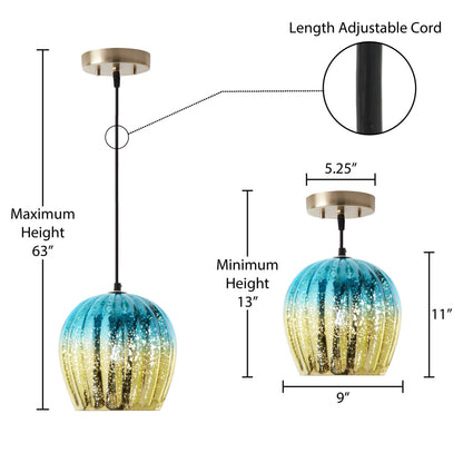 River of Goods 9" W Nalia Glam Gold and Teal Mercury Glass Globe Shade Pendant Light