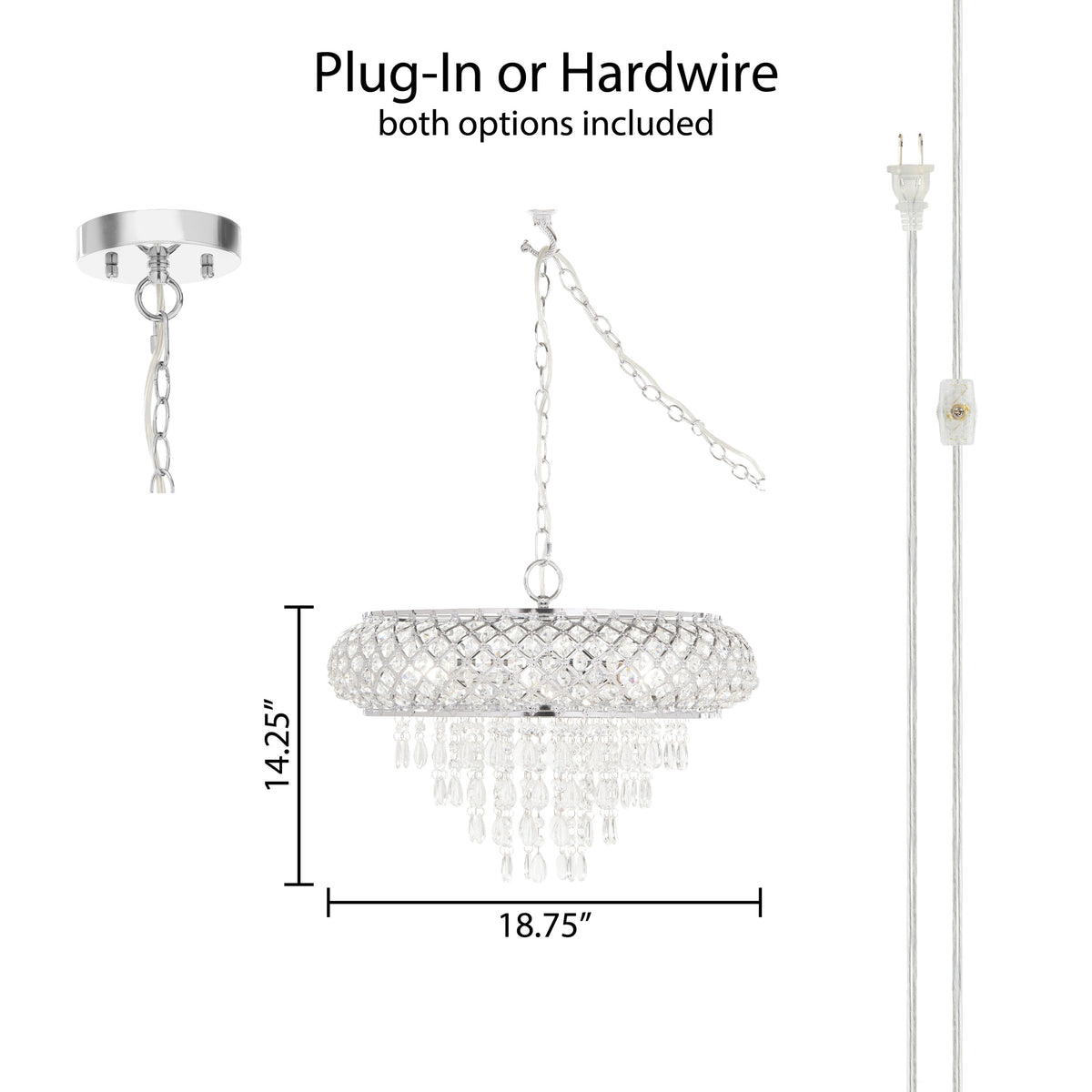 River of Goods 14.25"H Clear and Chrome Tiered Crystal Glass Plug-in and Hardwire Hanging Chandelier