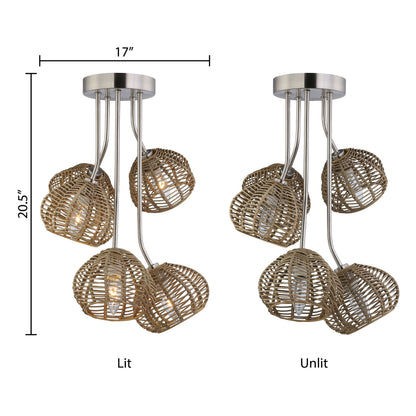 River of Goods Mila 20.5" High Brushed Nickel Iron Shaded Five-Branch Ceiling Light with Five Rattan Shades