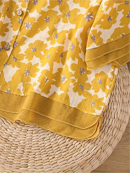 Chic YC Women's Floral Print Stand Collar Blouse Short Sleeve Button-Down Casual Summer Top