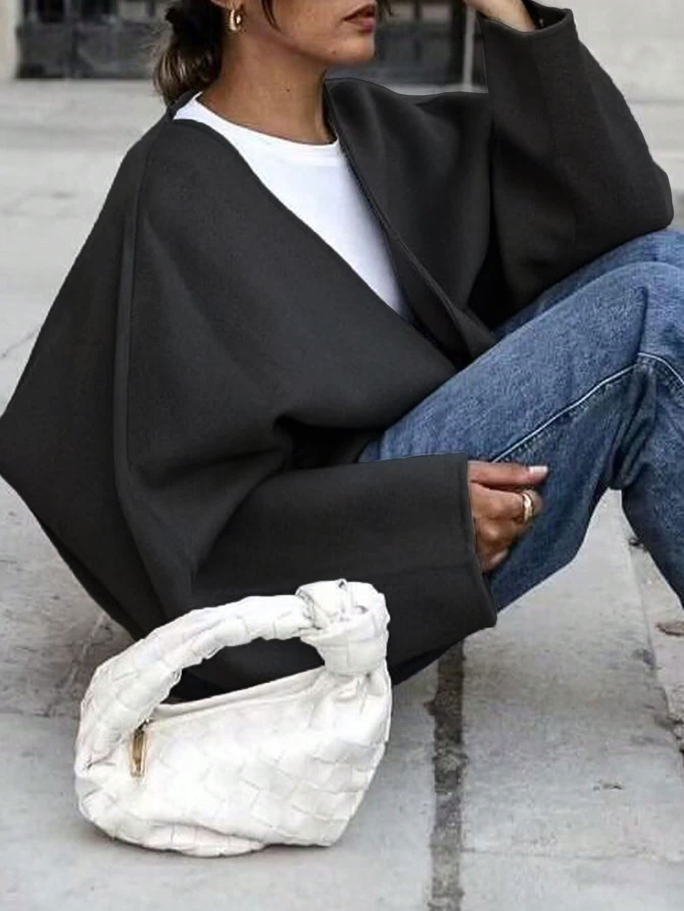 Chic YC Women's Oversized Notched Collar Wool Blend Single Breast