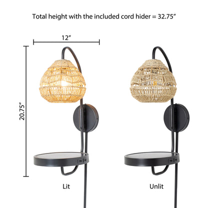 River of Goods Yara 32.75” High Black Satin Painted Iron Candlestick Wall Sconce with Round Tan Rattan Shade and 2 USB Charging Ports
