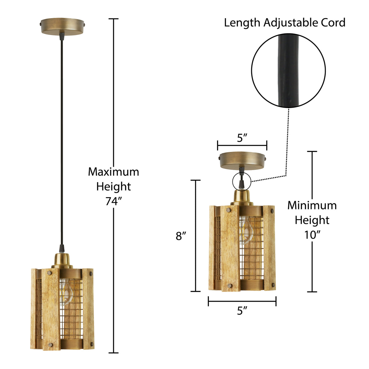 River of Goods 5" W Maxine Brushed Gold Metal Pendant Light with Wood Shade