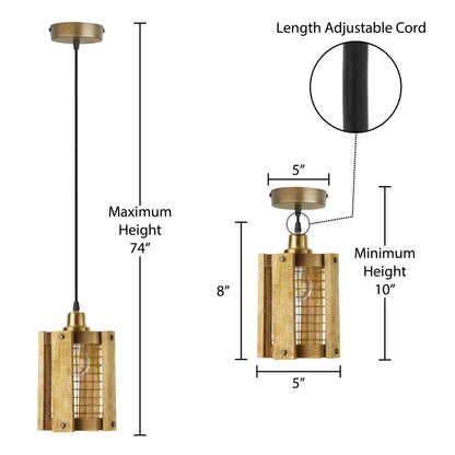 River of Goods 5" W Maxine Brushed Gold Metal Pendant Light with Wood Shade