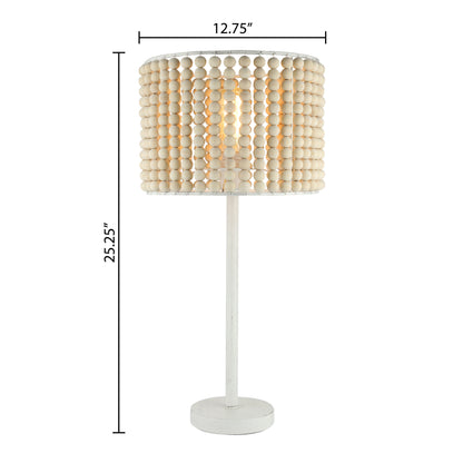 River of Goods 25" Eliza White Metal & Tan Wood Beaded Drum Shade Table Lamp