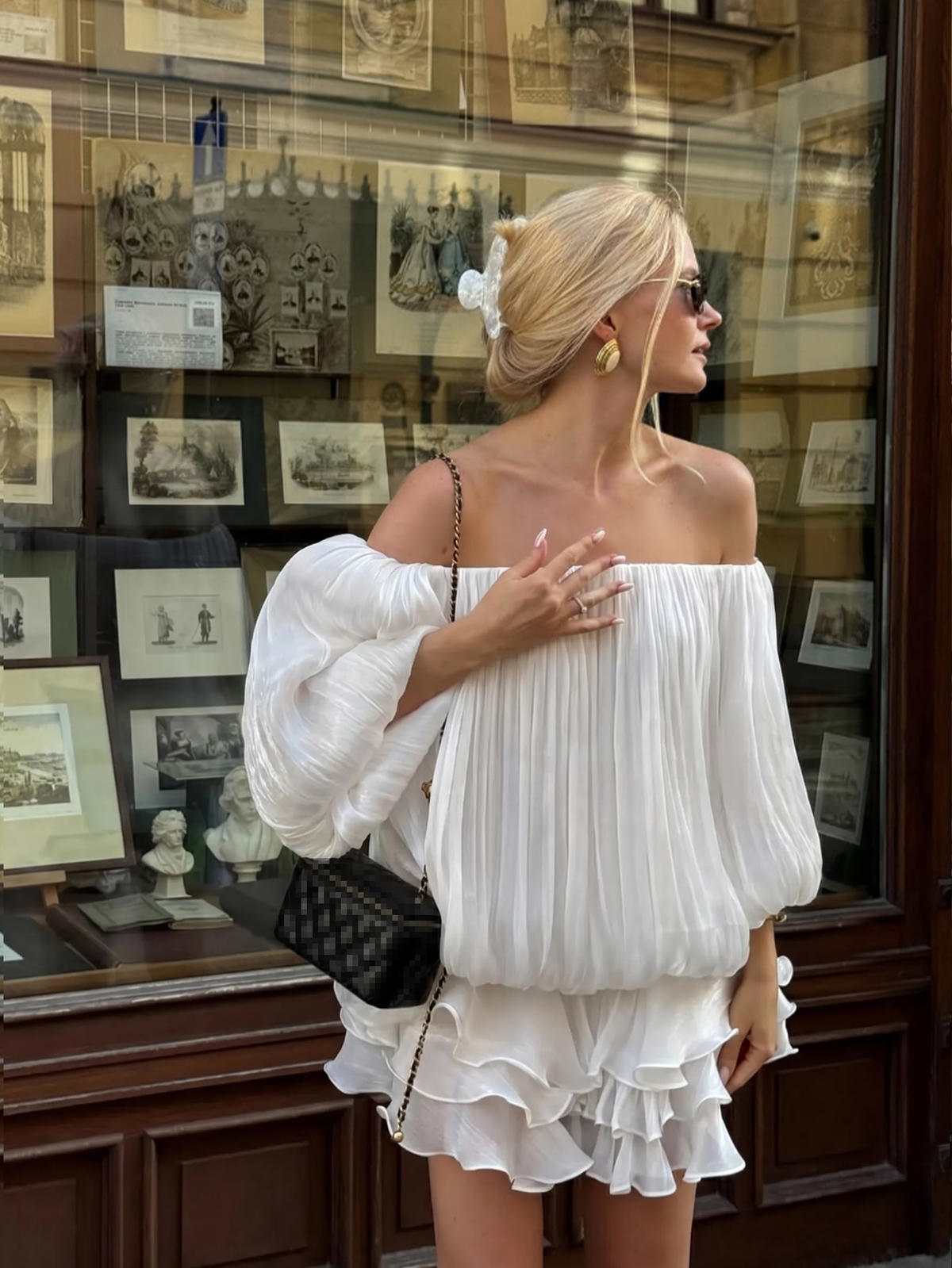Chic YC Women's Off-Shoulder Pleated Ruffle Hem Mini Dress Long Sleeve Summer Flowy Sundress White / M