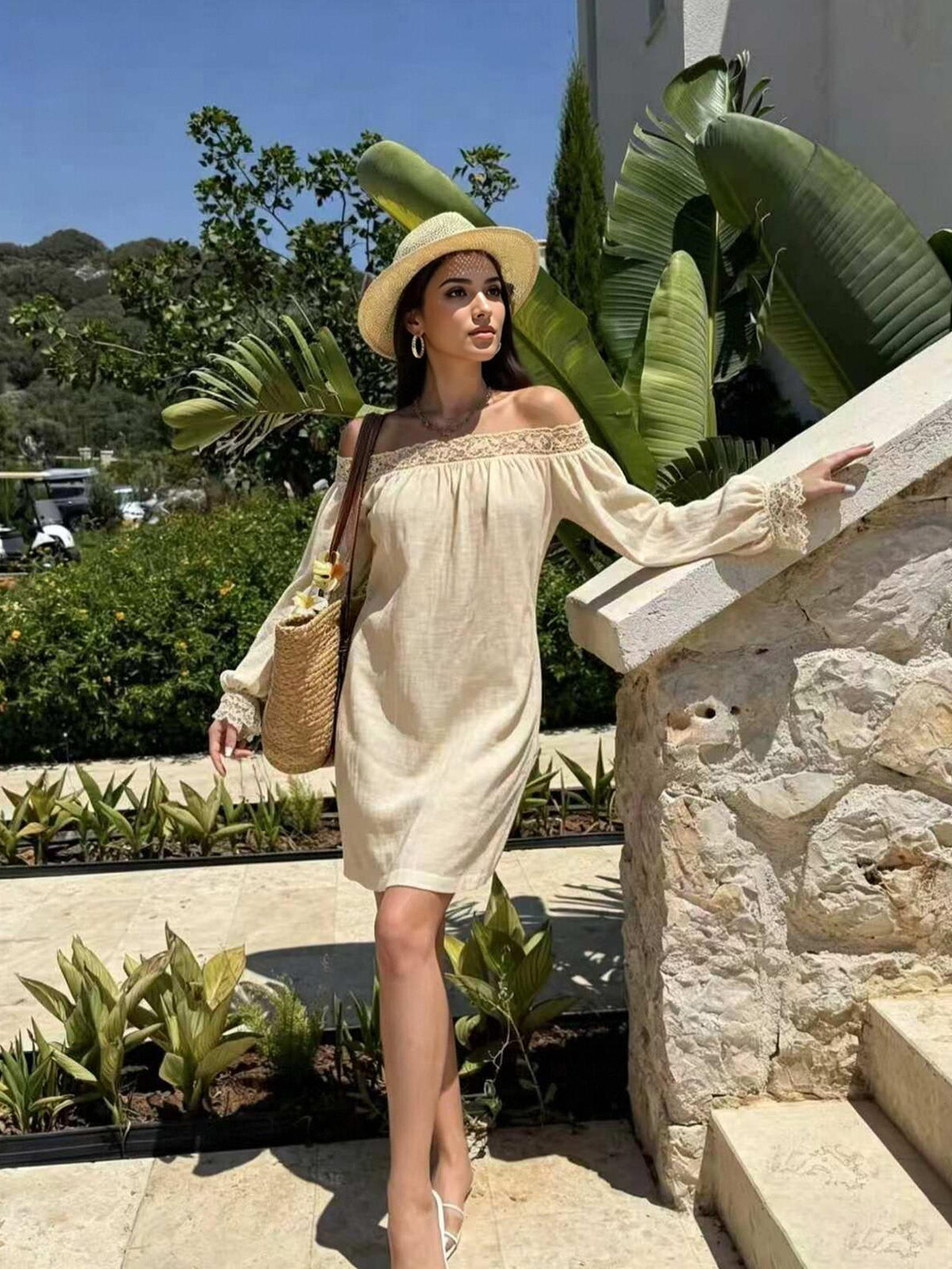 Chic YC Women's Lace Trim Off-Shoulder Long Sleeve Mini Dress Casual S   Zulily