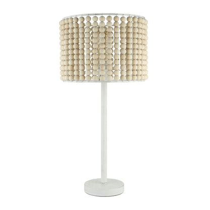 River of Goods 25" Eliza White Metal & Tan Wood Beaded Drum Shade Table Lamp