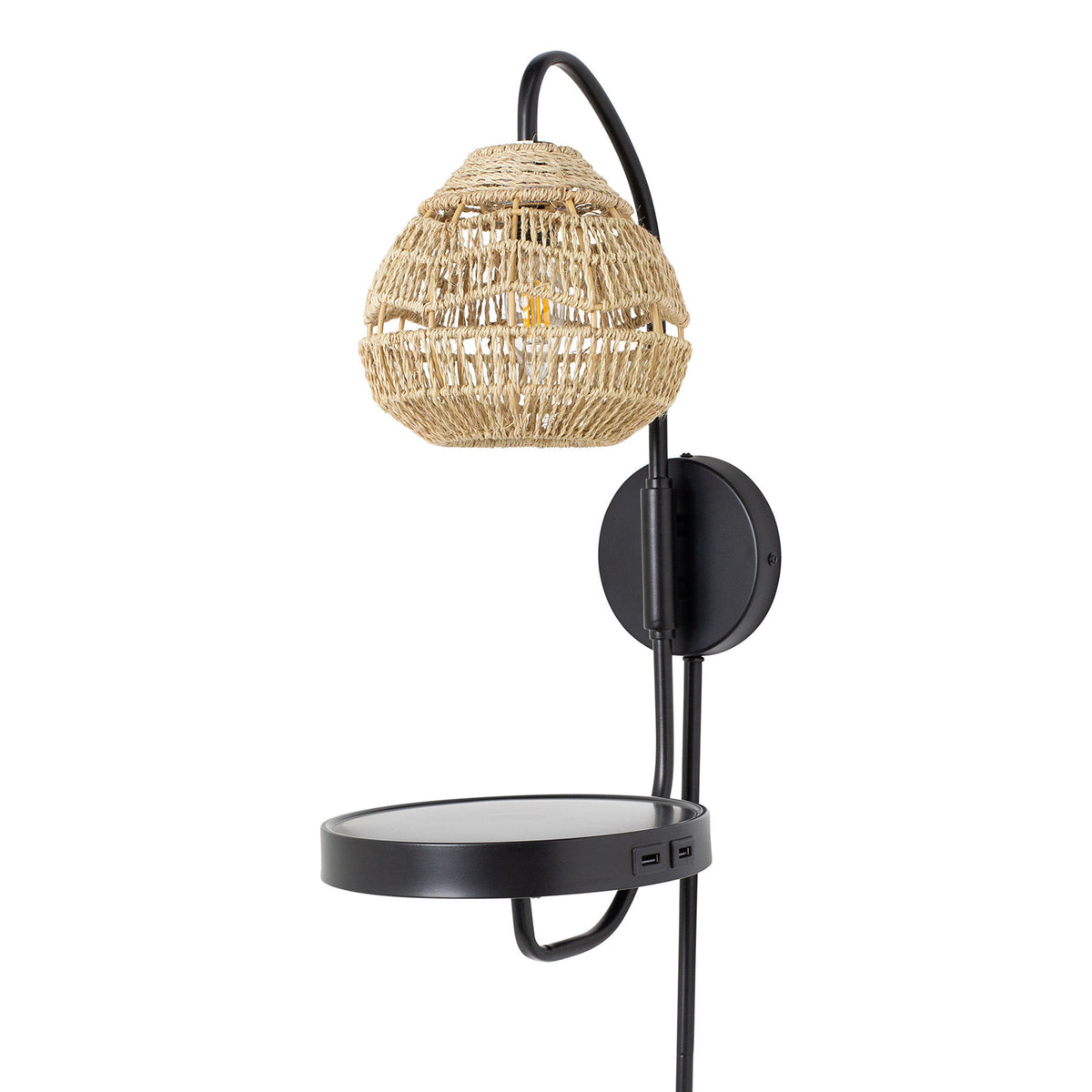 River of Goods Yara 32.75” High Black Satin Painted Iron Candlestick Wall Sconce with Round Tan Rattan Shade and 2 USB Charging Ports