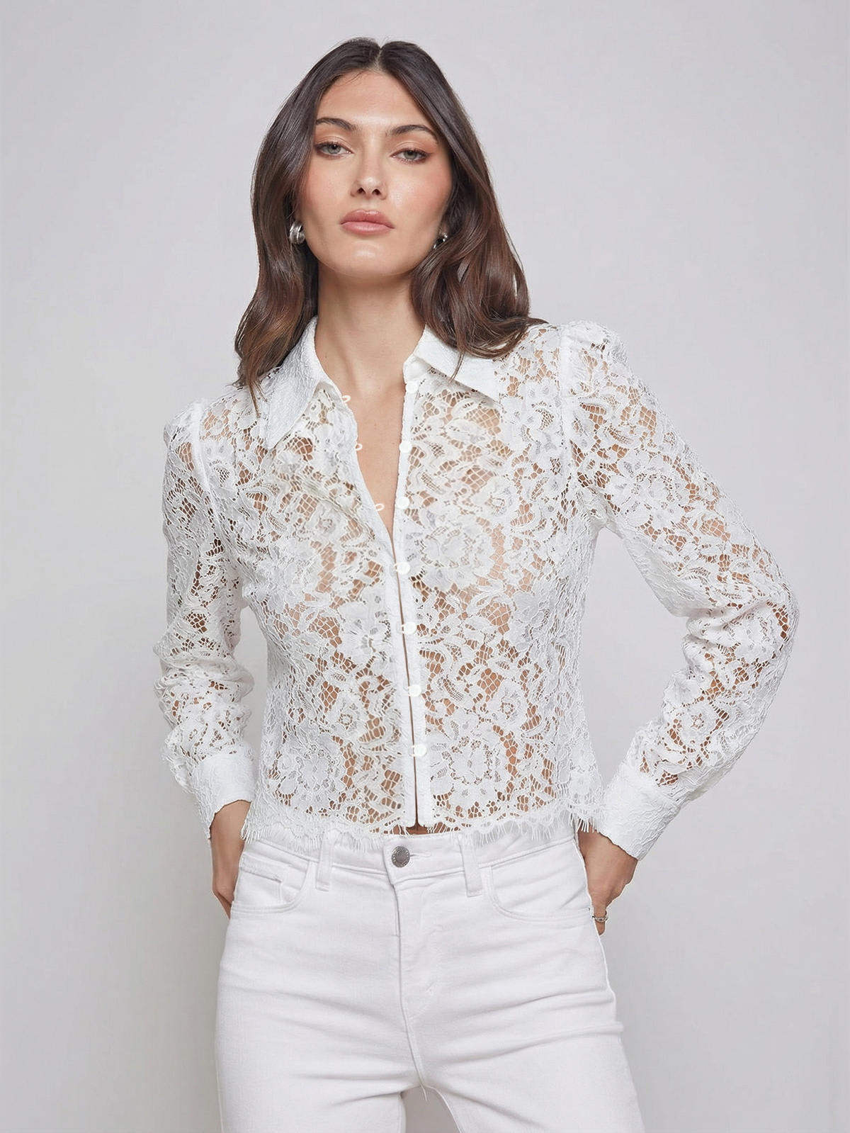 【専用】Crochet Lace Shirts Chic YC Women's Crochet Lace Button-Down Blouse Long Sleeve Summer