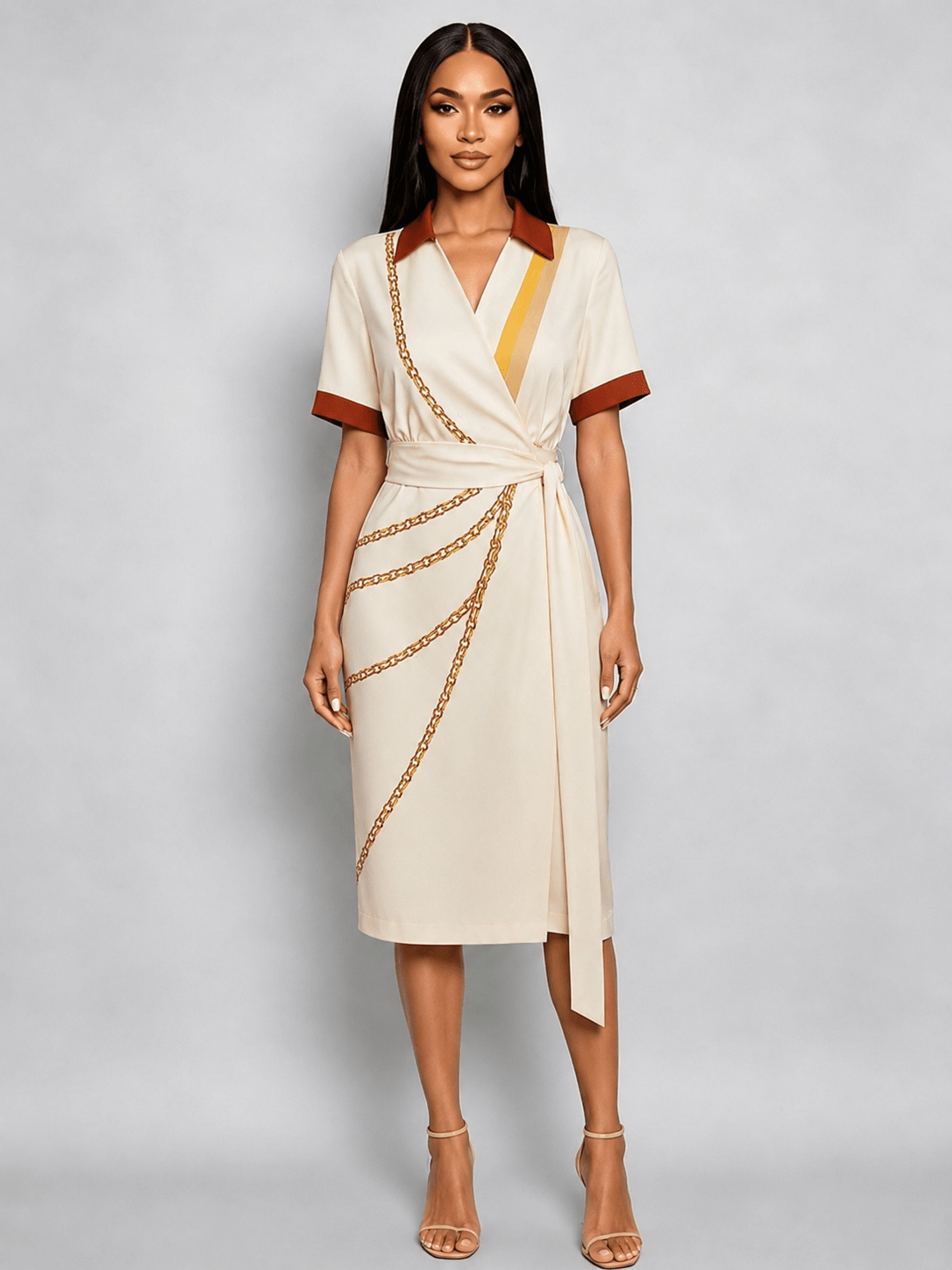 short sleeve midi dress work Chic YC Women's Chain Print Wrap Midi Dress Short Sleeve Summer Elegant Work Dress Beige / XL