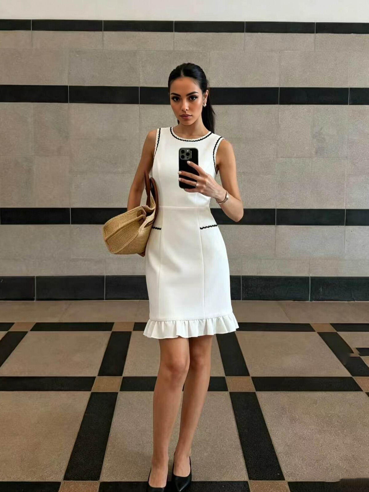 Chic YC Women's Contrast Trim Sleeveless Sheath Dress Ruffle Hem Elegant Summer Work Dress White / M