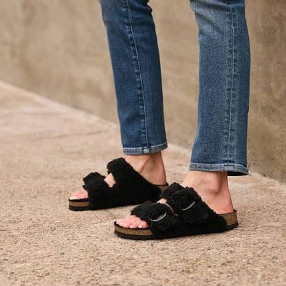 Birkenstock Glenda Natural Leather/ Shearling Teddy Black