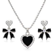 Silvertone Ball Chain & Black Crystal Heart Pendant
