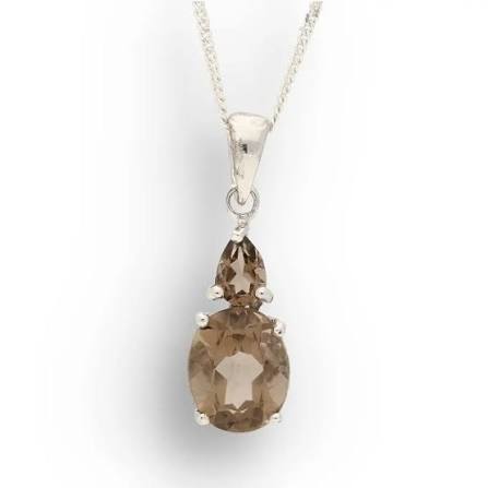 MGR Women's Long Necklace with Agate, Crystal Accents, and Silver Rings Featuring a Raw Smooky Quartz Pendant. Jewelry