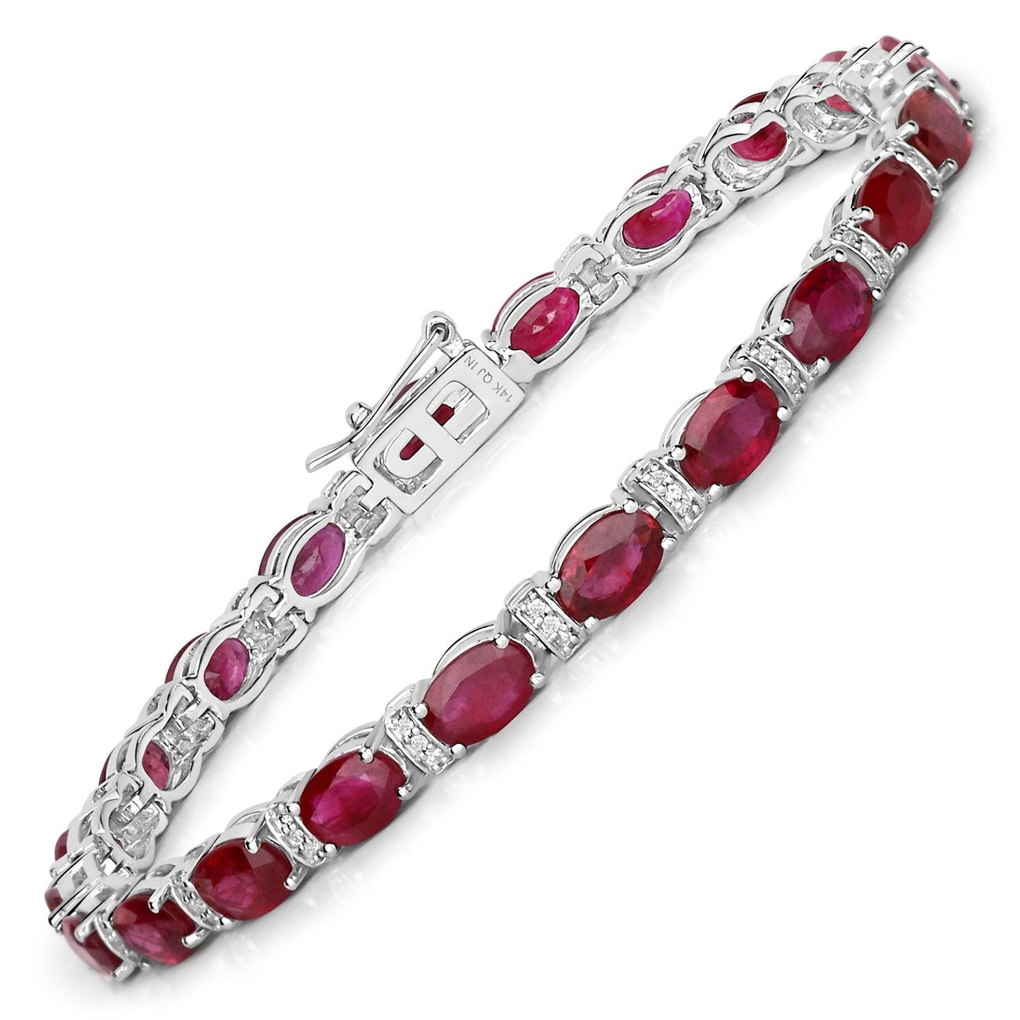 11.44 Ct Oval Pink Ruby & Diamond Prong 14K White Gold Alternating Bar Accent Box Clasp Tennis Bracelet