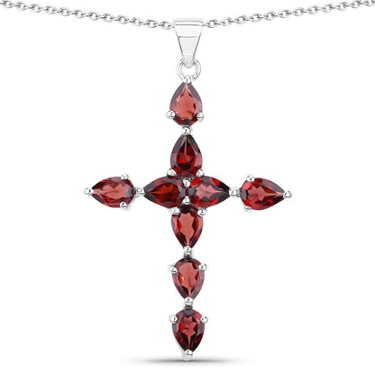 7.11 Ct Pear Red Garnet Prong Silver Cross Pendant Necklace