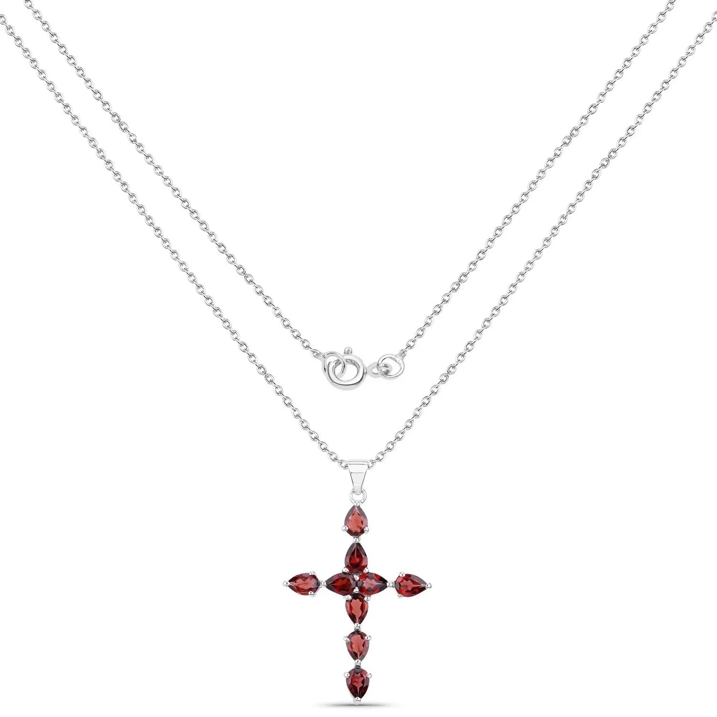 7.11 Ct Pear Red Garnet Prong Silver Cross Pendant Necklace