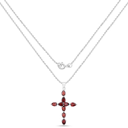 7.11 Ct Pear Red Garnet Prong Silver Cross Pendant Necklace