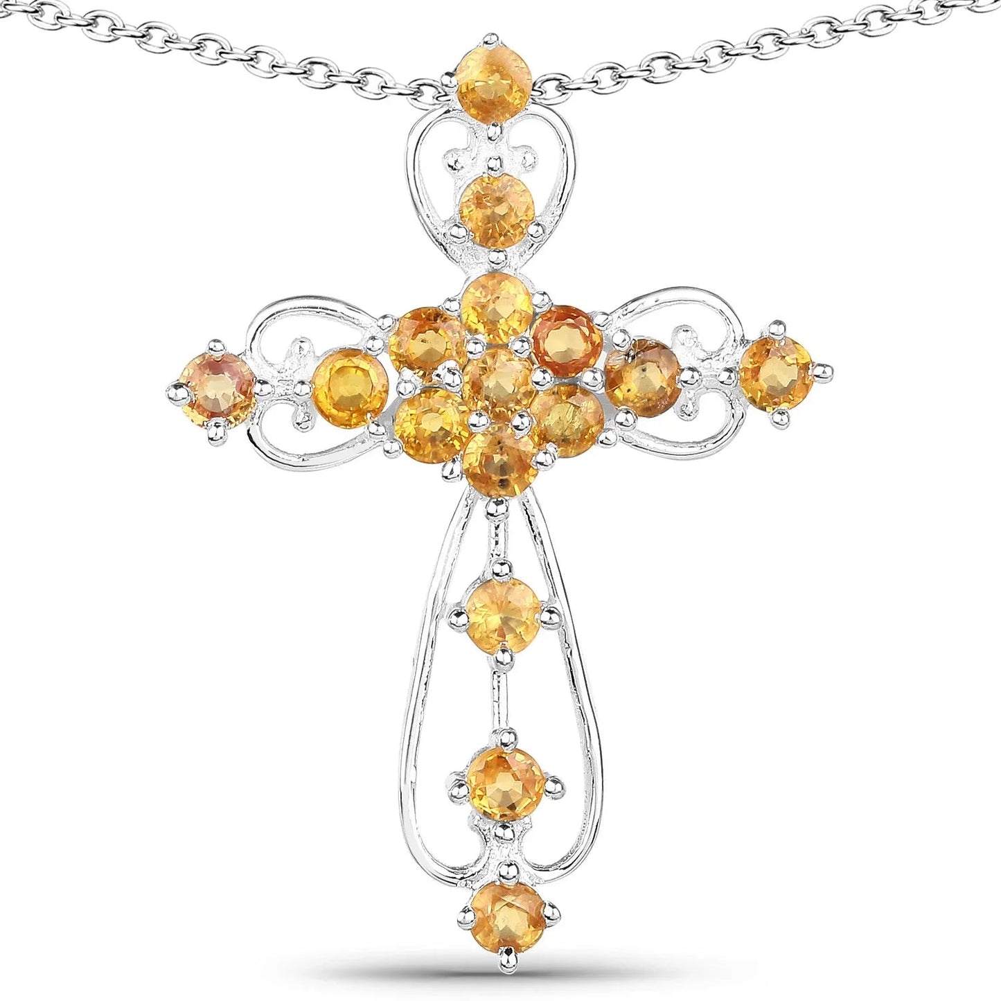 2.24 CTTW Round Yellow Sapphire Prong Silver Cross Pendant Necklace