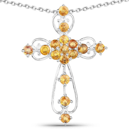 2.24 CTTW Round Yellow Sapphire Prong Silver Cross Pendant Necklace