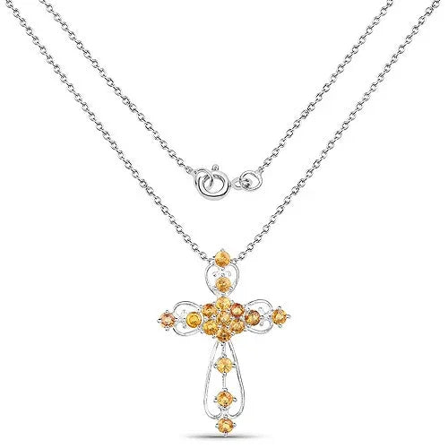 2.24 CTTW Round Yellow Sapphire Prong Silver Cross Pendant Necklace