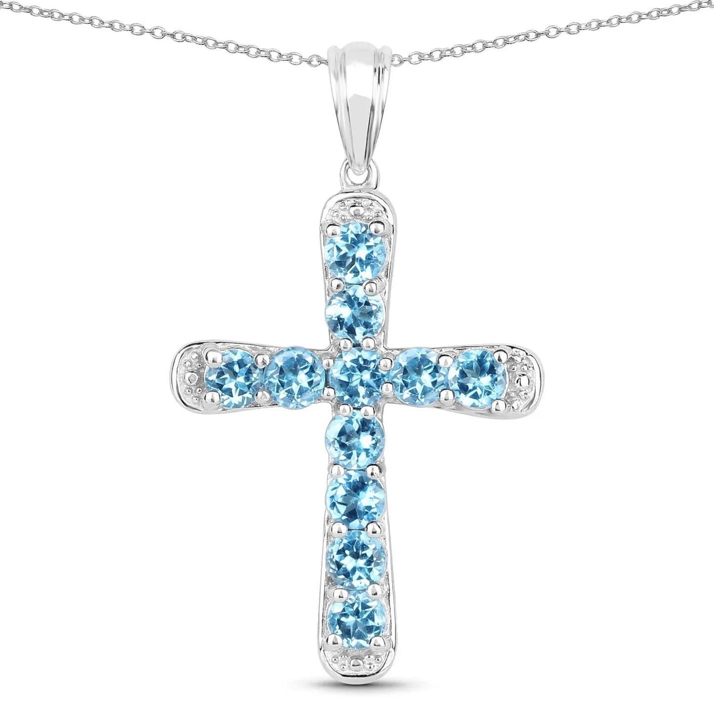 3.85 Ct Round Blue Topaz Prong Silver Cross Pendant Necklace