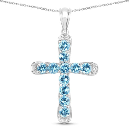 3.85 Ct Round Blue Topaz Prong Silver Cross Pendant Necklace