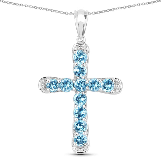 3.85 Ct Round Blue Topaz Prong Silver Cross Pendant Necklace