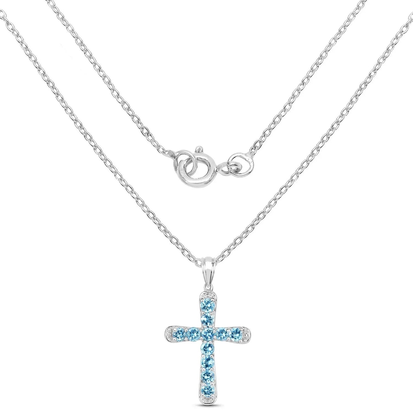 3.85 Ct Round Blue Topaz Prong Silver Cross Pendant Necklace