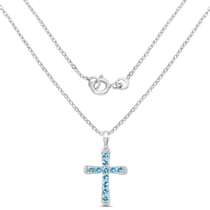 3.85 Ct Round Blue Topaz Prong Silver Cross Pendant Necklace