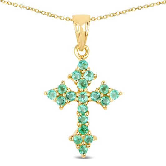 1.05 Ct Round Green Zambian Emerald Prong Silver Cross Pendant Necklace