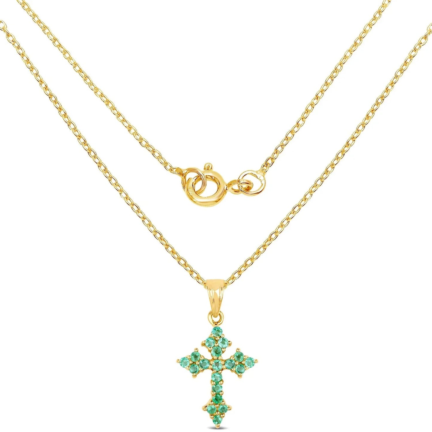 1.05 Ct Round Green Zambian Emerald Prong Silver Cross Pendant Necklace
