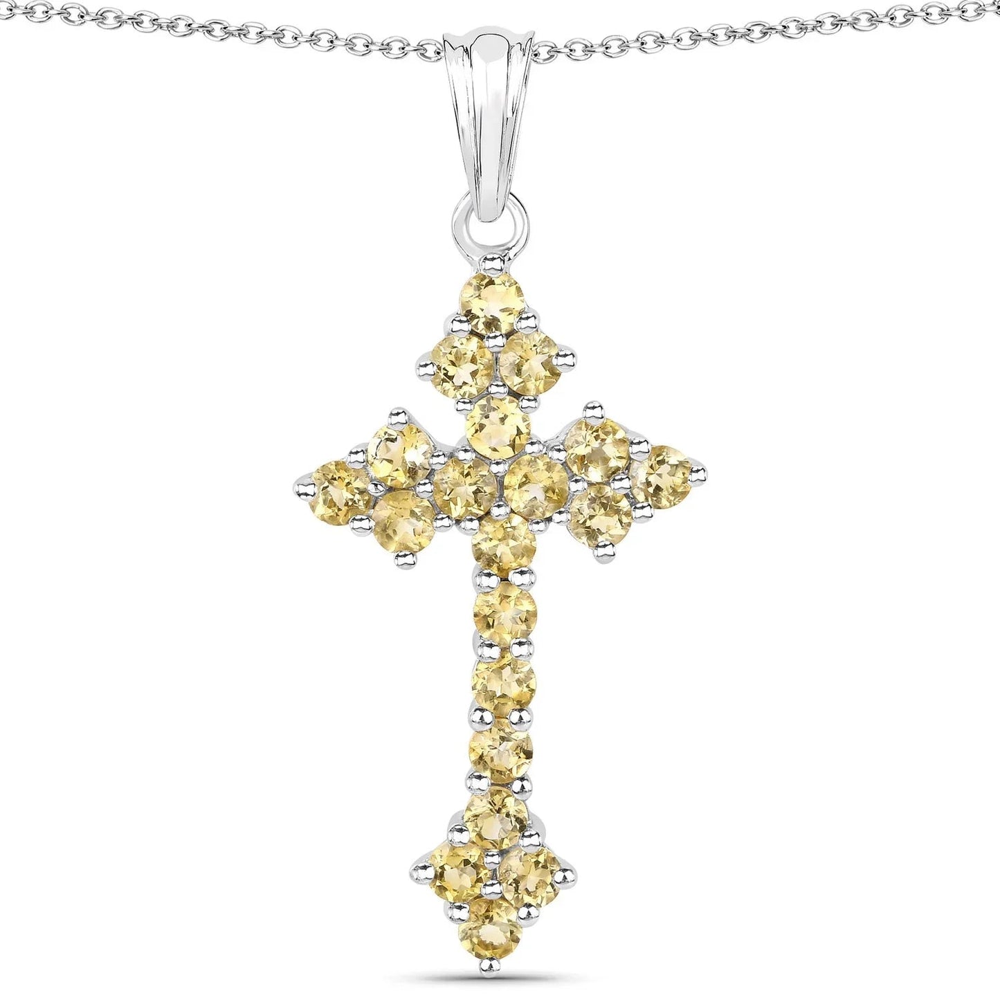 2.00 Ct Yellow Citrine Silver Prong Silver Cross Pendant Necklace